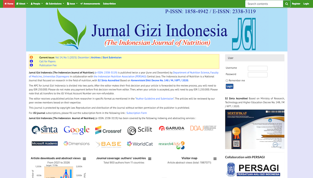 Jurnal Gizi Indonesia Terbitkan Vol. 14 No. 1 (Desember 2025): 10 Artikel Berkualitas dari 4 Negara